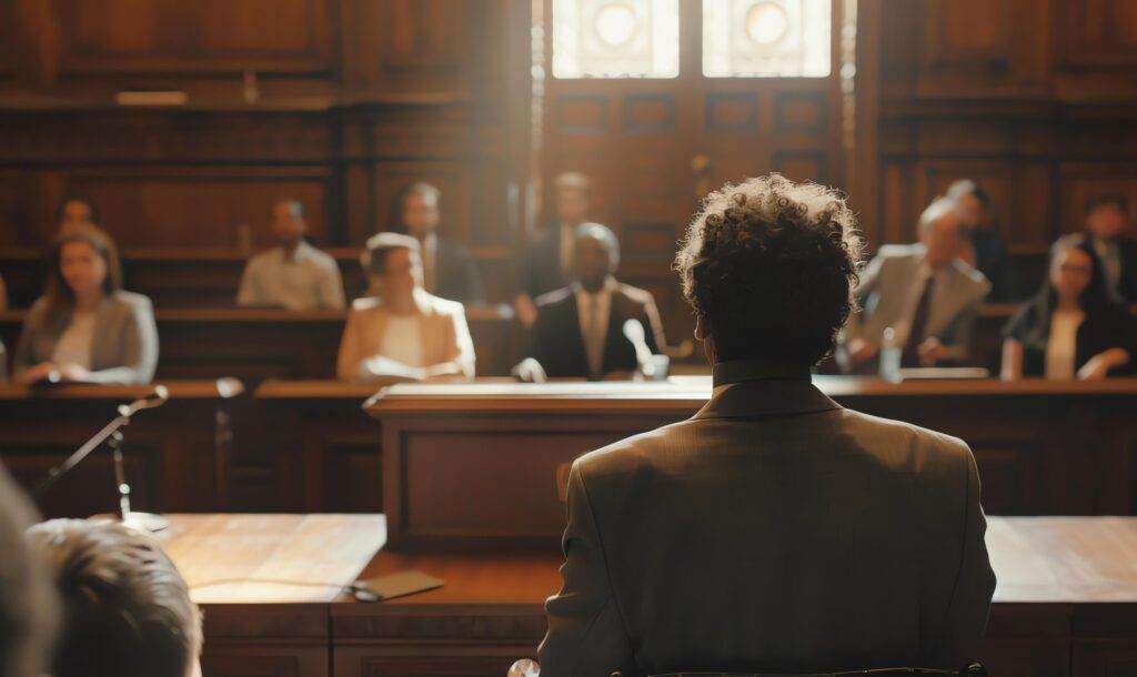 Lawyer presenting a case in a courtroom, with a focus on the audience seated in the background.