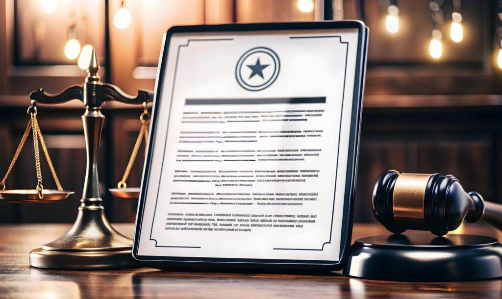 Digital legal document on a tablet beside scales of justice and a gavel, symbolizing a lawyer's office setting.