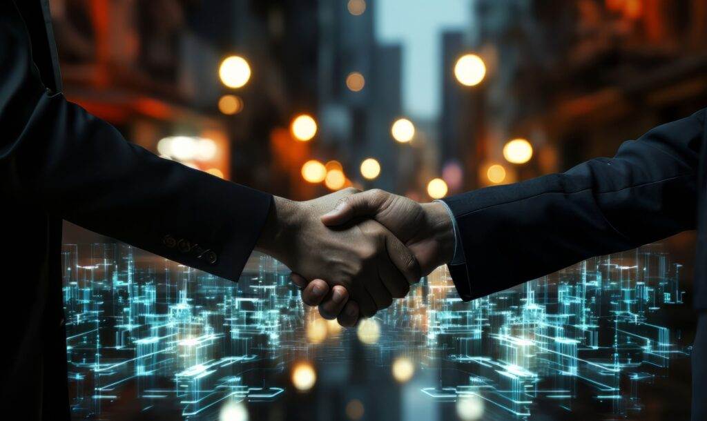 Two lawyers shaking hands over a digital interface, symbolizing a legal agreement in a city night setting.