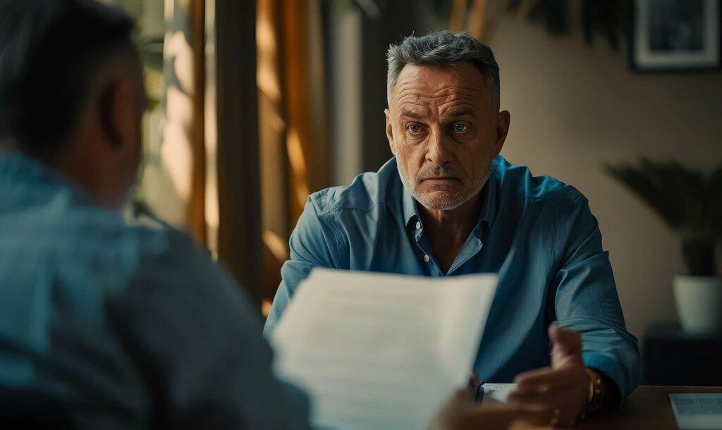 A focused lawyer in a blue shirt listens intently while holding documents during a meeting.