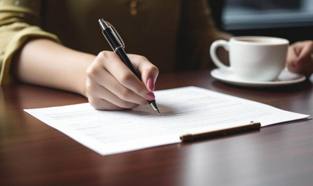 Person signing legal documents at a desk, with a cup of coffee nearby, representing a lawyer's work environment.