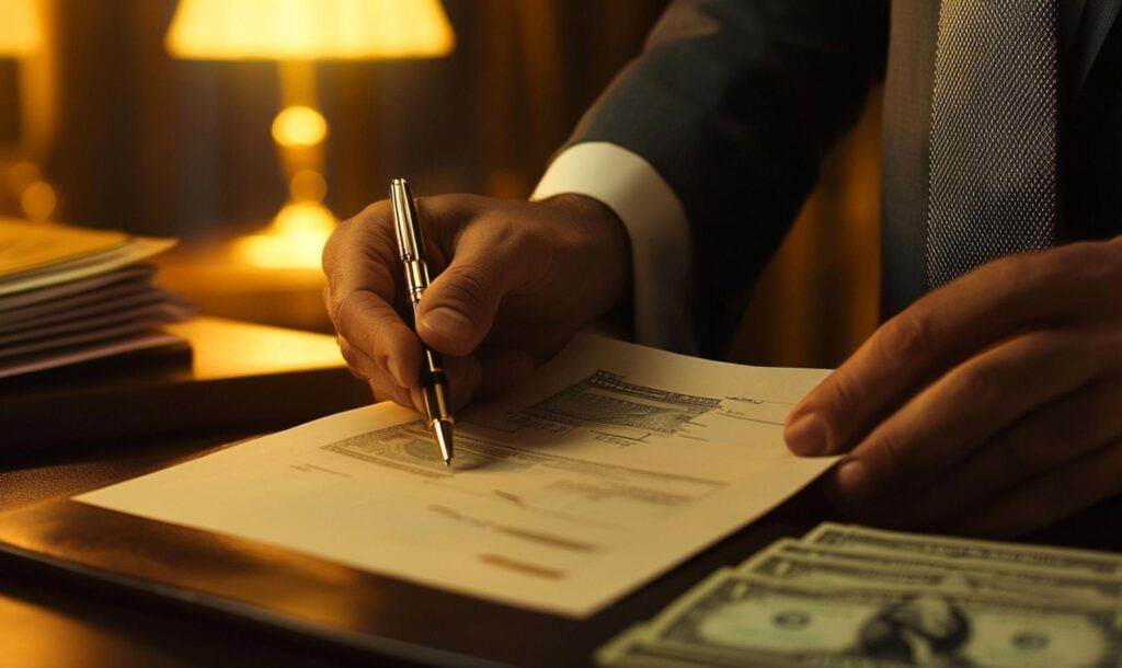 Lawyer signing documents on desk with pen and money, under warm lamp light.