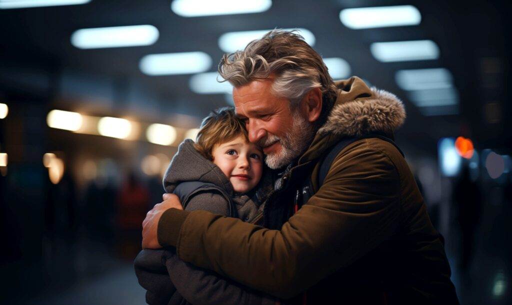 Older man hugging child warmly in winter clothing, set indoors with blurred lights in the background.