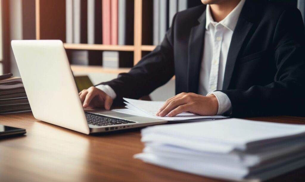 Lawyer in a suit working on a laptop at a desk with legal documents, focusing on paperwork.