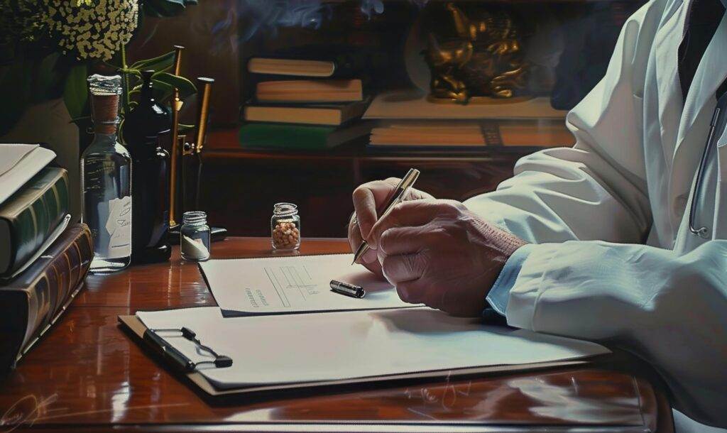 Lawyer writing on paper at a desk with books and bottles, surrounded by office decor.