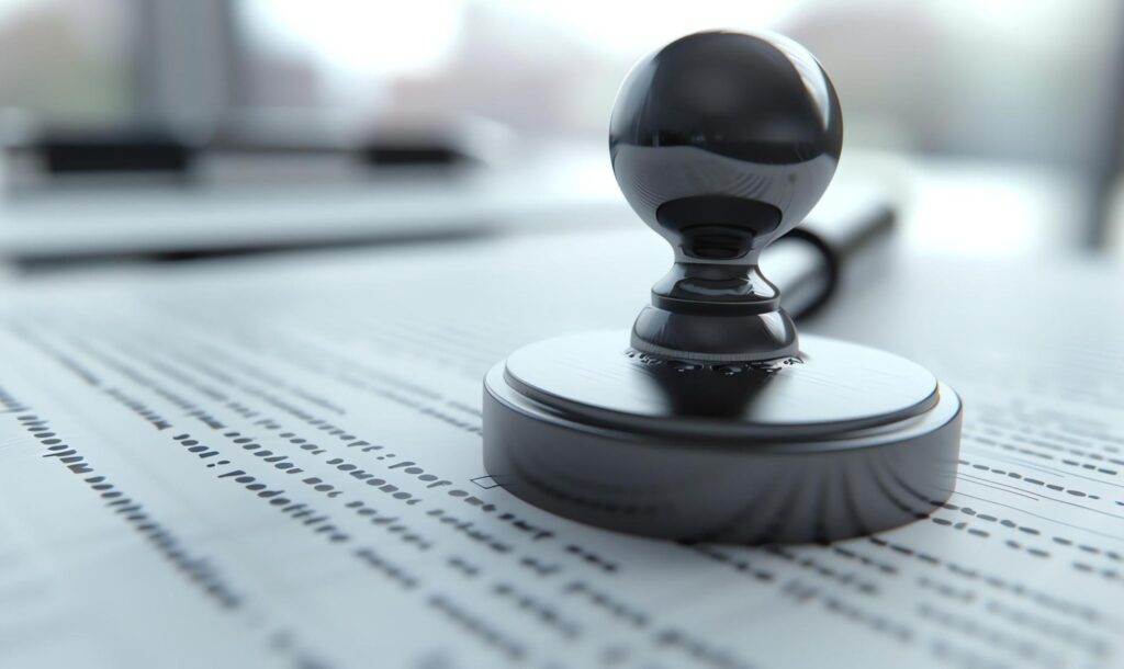 Close-up of a lawyer's seal on legal documents, highlighting authority and legal validation.