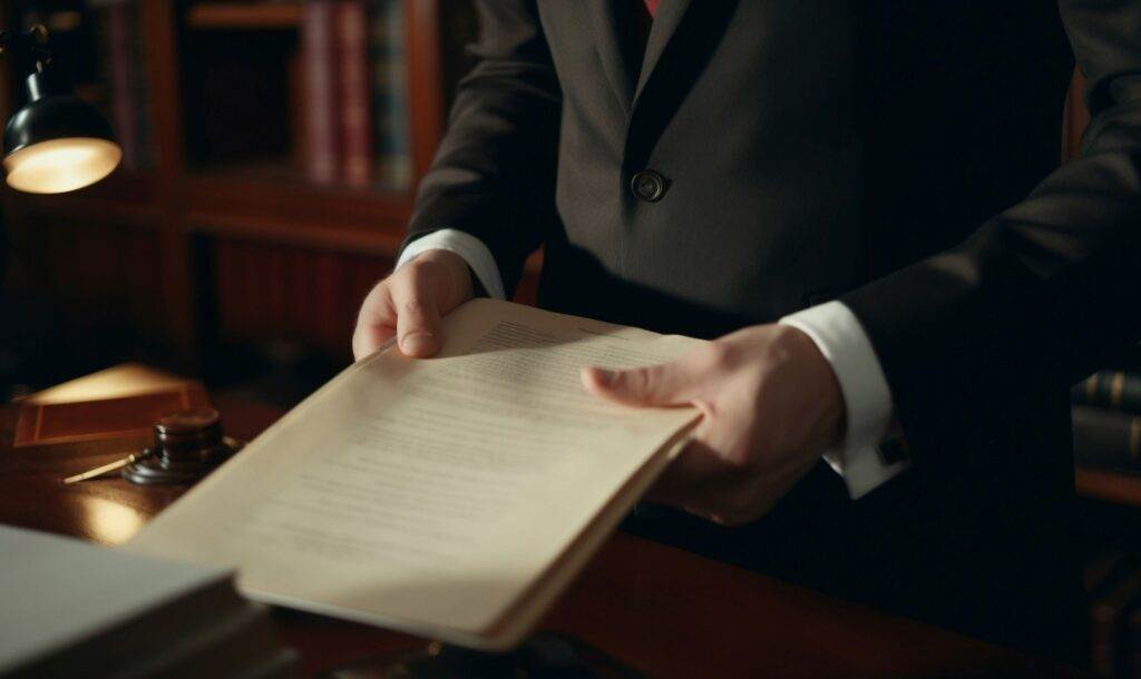 A lawyer holding legal documents in a dimly lit office, with a gavel visible on the desk.